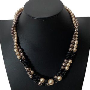 (3-097) Double Strand Necklace Taupe/Beige Pearl-Like Beads Black Faceted Beads